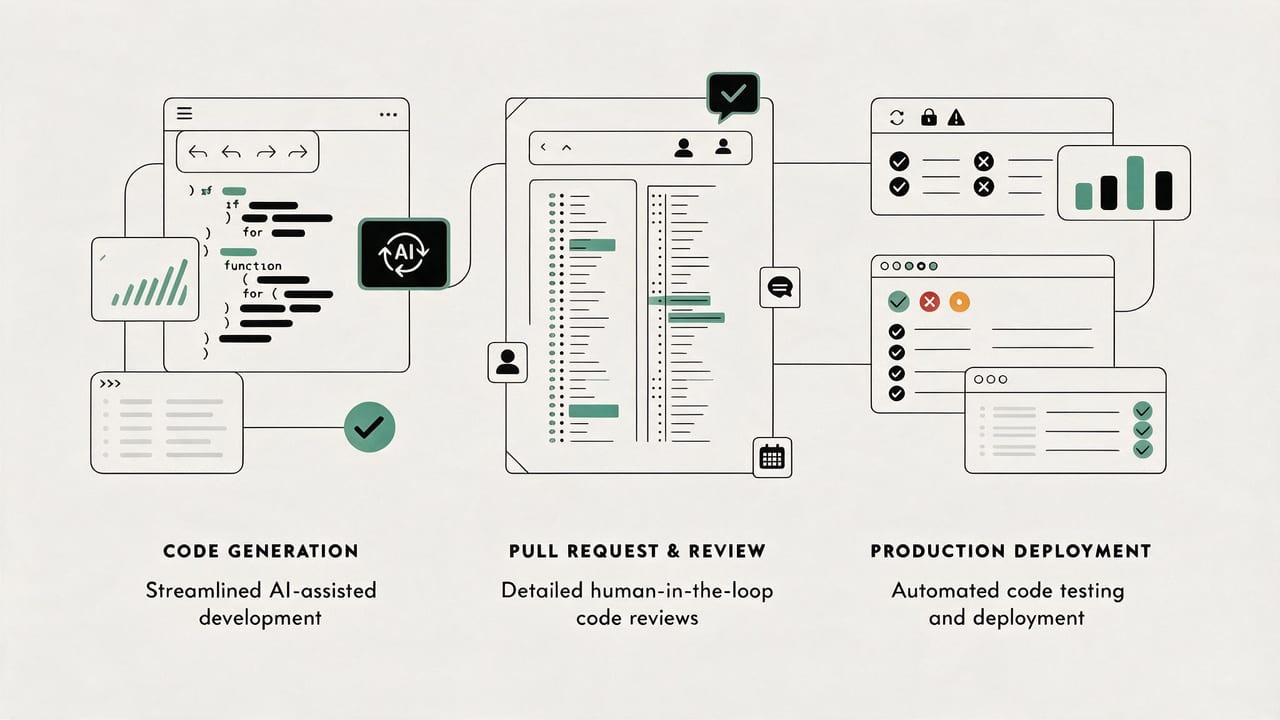 AI-assisted code generation passing through human pull-request review, then automated testing and deployment.