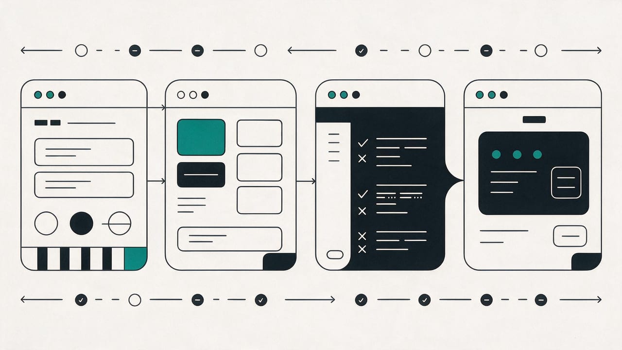 Four application screens in sequence, from a first sketch through a review pass to a finished interface.